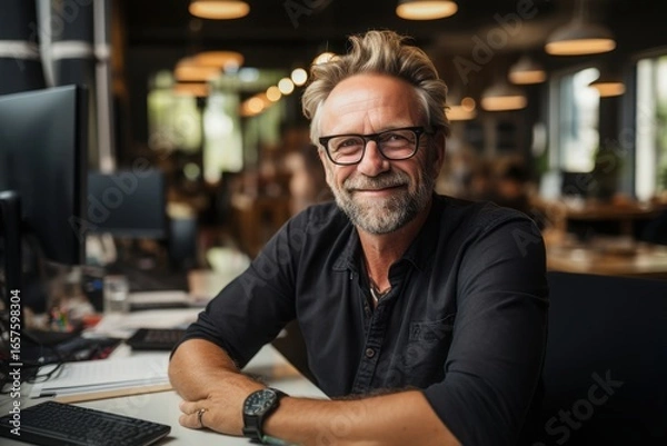 Fototapeta A man with glasses and a beard sits at a desk in a contemporary office, exuding confidence and warmth. Natural light brightens the open workspace around him