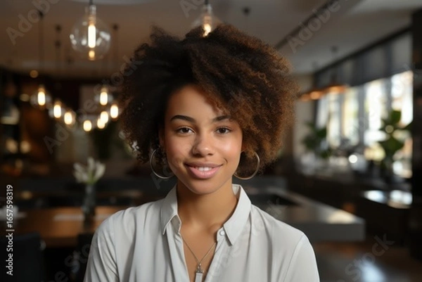 Fototapeta A young woman with curly hair is smiling at the camera inside a modern restaurant filled with natural light. The surroundings include elegant decor and soft lighting