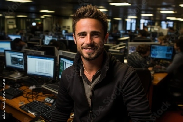 Fototapeta Young professional man smiles confidently while seated in an office filled with coworkers and computer screens. The atmosphere shows a busy work environment during evening hours