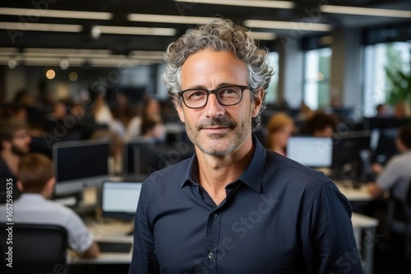 Fototapeta Confident man with gray hair and glasses stands in a contemporary office environment. Multiple colleagues work at computer desks in the background, highlighting a collaborative atmosphere