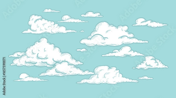 Obraz Set of clouds in sketch hand drawn vintage retro style. Cloudscape blue background. Vector illustration.