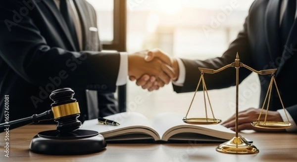 Fototapeta Two lawyers shaking hands over an open book with a gavel and scales of justice on a table, symbolizing legal agreement and justice