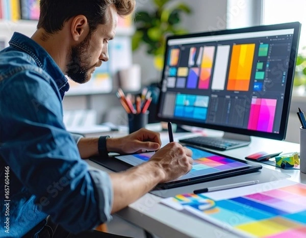 Obraz A graphic designer working on a colorful digital illustration at a modern desk, surrounded by art supplies and a tablet, vibrant and creative atmosphere, ultra-detailed, 4K resolution