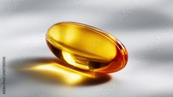Obraz Close-up of a glossy golden amber capsule supplement reflecting light on a smooth surface.