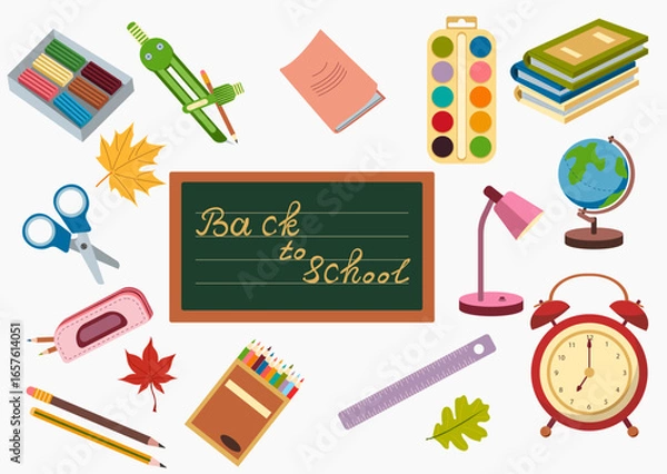 Fototapeta School set with chalkboard, globe, alarm clock, watercolor palette, books, compass, scissors. Space for text. For posters, classroom materials, worksheets.