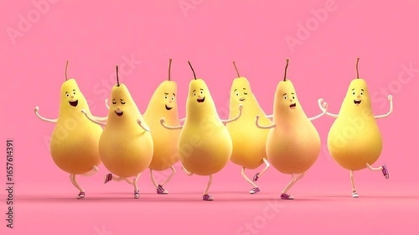 Fototapeta Happy pears dancing together a fun and whimsical 3d render perfect for healthy eating campaigns and joyful fruit promotions