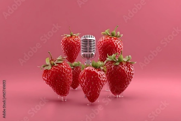 Fototapeta Strawberries singing with a vintage microphone on pink background a sweet summer song for your project