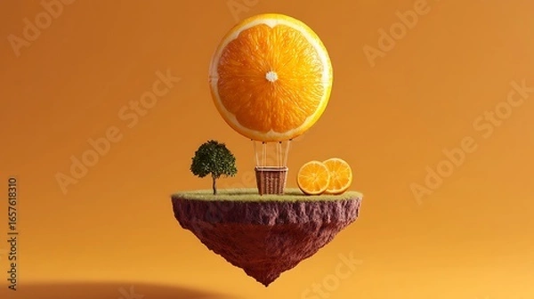 Fototapeta Orange slice hot air balloon floating island with tree and orange slices 3d render