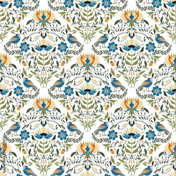 Fototapeta Vibrant floral pattern with wildflowers and whimsical birds, perfect for various design projects