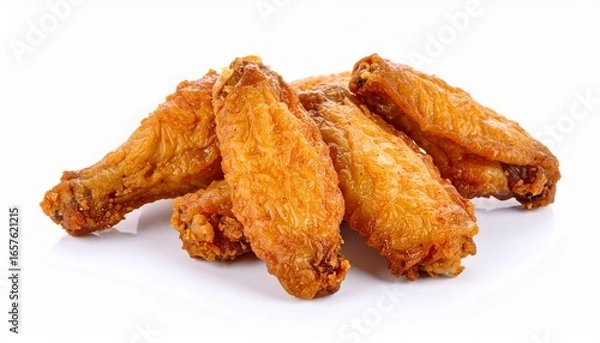 Fototapeta Seven crispy golden fried chicken wings arranged on a clean white background