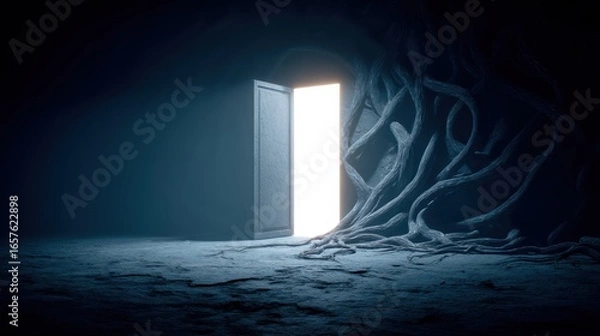 Fototapeta A glowing open door stands in a dark, mysterious room with twisted tree roots creeping along the floor and walls