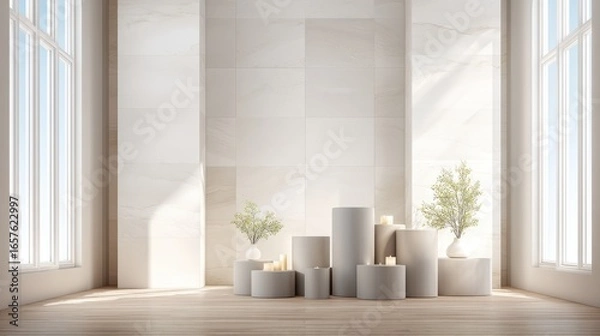 Obraz Minimalist interior with natural light, white cylindrical pedestals, candles, and small potted plants against a modern tiled wall