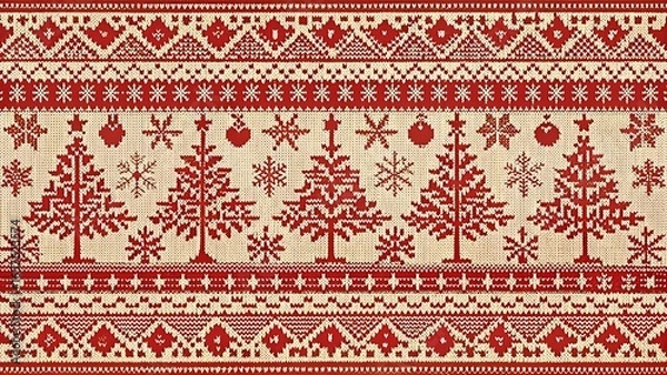 Fototapeta Red and white christmas pattern with trees and snowflakes