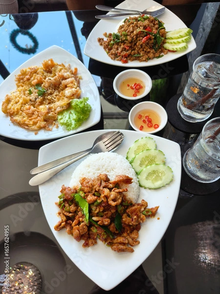 Fototapeta Pork fried rice with curry paste looks delicious and spicy.