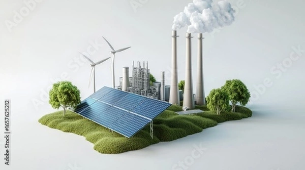 Fototapeta A photorealistic image showing several elements of the Green Economy & Just Transition showing sky and industry and solar and wind energy, on a white background
