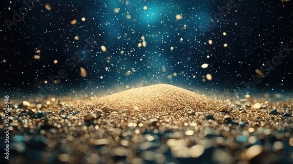 Obraz A single grain of sand floating in space, glowing softly, cosmic background, surreal and poetic, cinematic lighting, ultra realistic