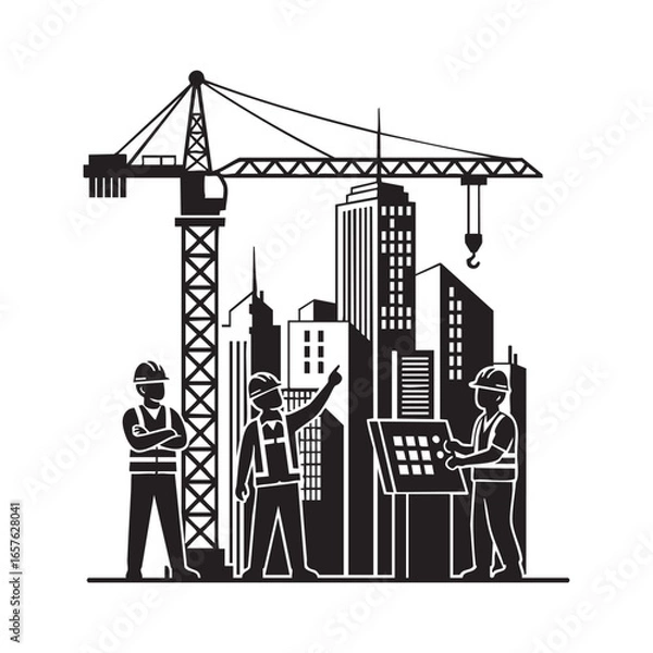 Obraz Construction workers and tower crane silhouette with skyscraper city background, industrial vector illustration isolated on white