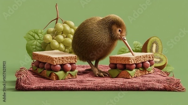 Fototapeta Kiwi bird with grape sandwiches and fresh kiwi fruit a whimsical food illustration for healthy eating and creative designs