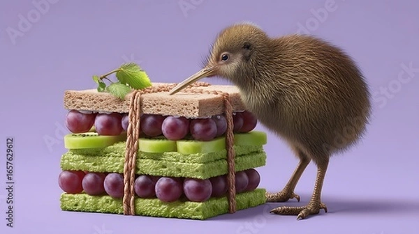 Fototapeta Kiwi bird looking at a sandwich made of kiwi fruit grapes and bread on a purple background