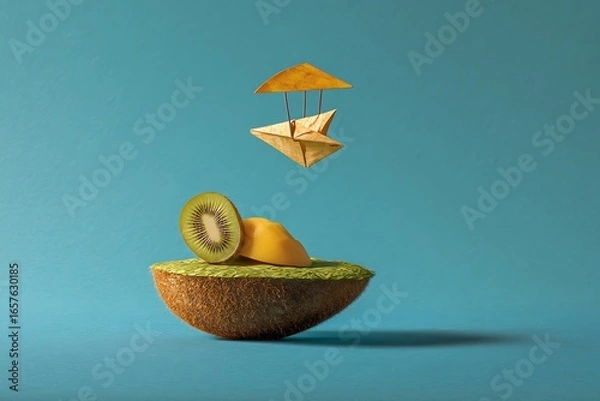 Fototapeta Kiwi fruit and mango on a kiwi island with origami hot air balloon on blue background for healthy food concept