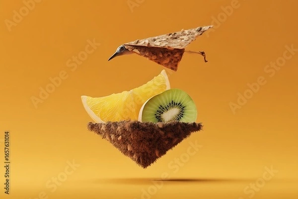 Fototapeta Whimsical fruit composition featuring a cracker bird orange slice and kiwi on a textured platform