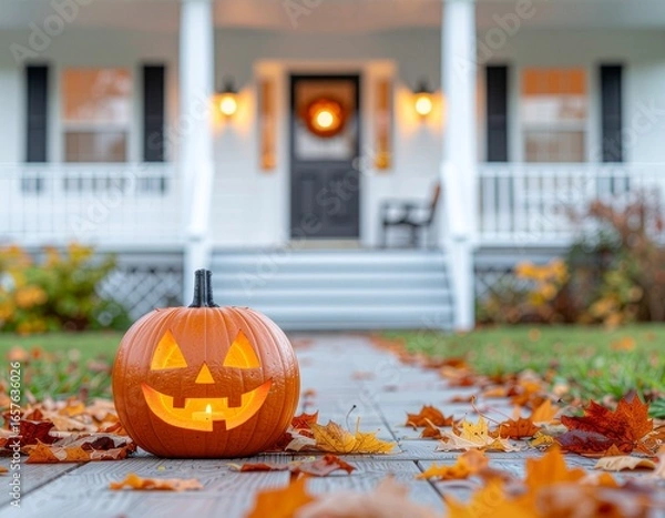 Obraz Glowing Jack-o’-Lantern Pumpkin with Autumn Leaves on Porch