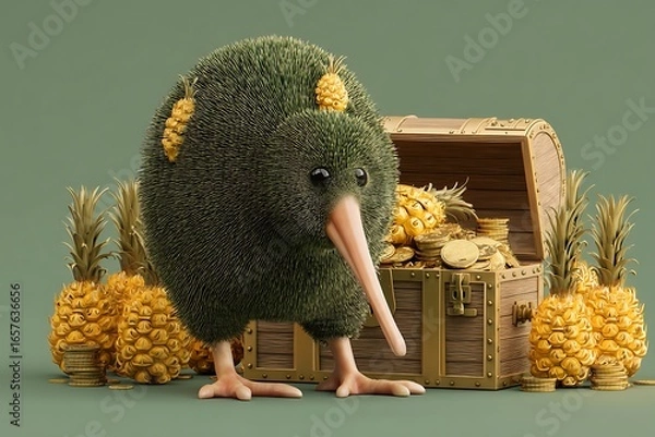Fototapeta Kiwi bird with pineapple and gold treasure chest a whimsical 3d render for tropical themes and exotic adventures