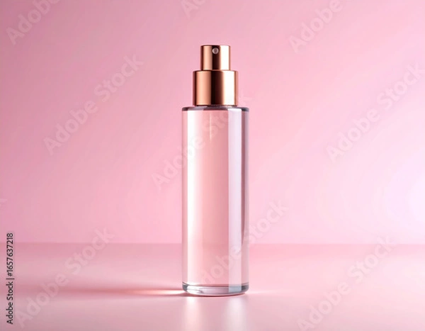 Fototapeta Elegant Glass Perfume Bottle with Rose Gold Cap on a Soft Pink Gradient Background.