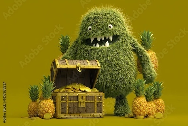 Fototapeta Monster guarding treasure chest with gold coins and pineapples in a playful 3d render style