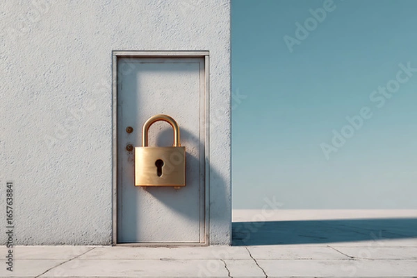 Obraz Golden padlock secures a closed door against a clear blue sky, symbolizing protection and access.