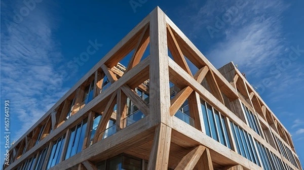 Obraz Modern Wooden Building with Glass Windows Against a Clear Blue Sky