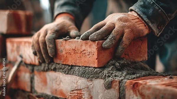 Obraz Hands Laying Red Brick on Wall Construction Site