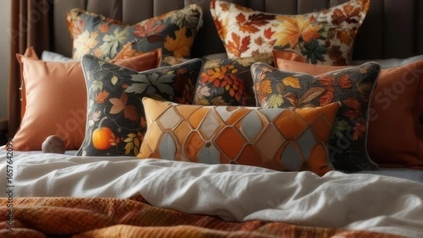 Obraz Cozy Autumnal Bed with a Lavish Array of Leaf, Pumpkin, and Geometric Pillows