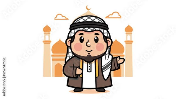 Obraz Cute Arabian man cartoon character in traditional clothes with a mosque vector illustration