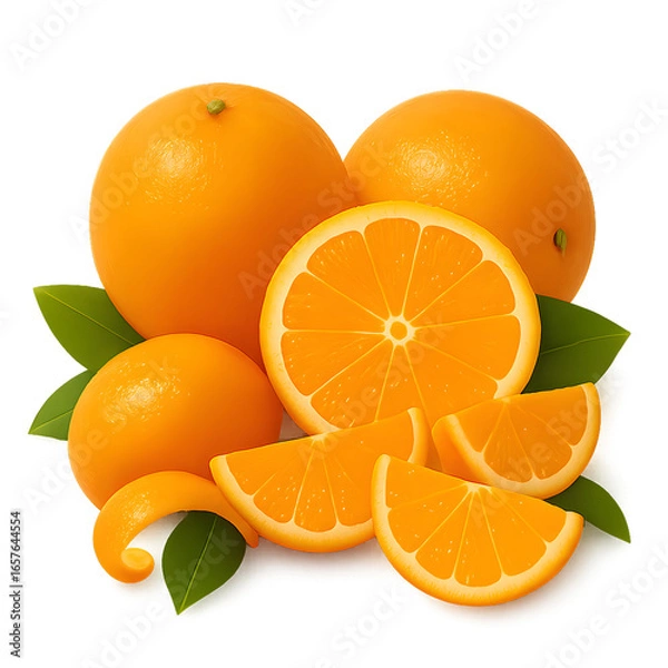 Fototapeta Fresh oranges whole sliced and peeled with green leaves on black background