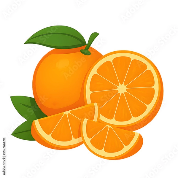 Fototapeta Fresh ripe oranges and slices with green leaves on black background