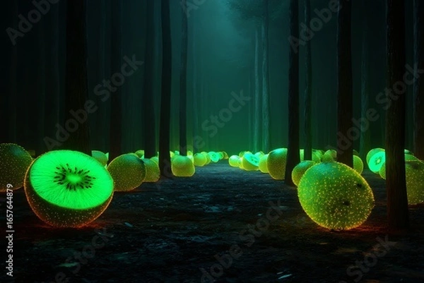Fototapeta Glowing kiwi fruit scattered in a dark forest 3d render for vibrant health and wellness concepts