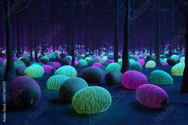 Fototapeta Glowing forest floor with colorful seed pods in a surreal dark woodland landscape scene
