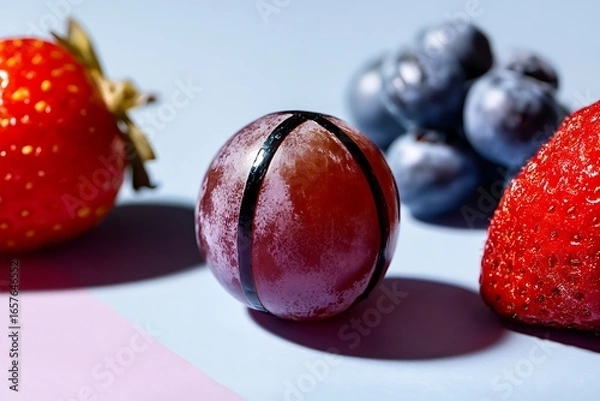 Fototapeta Fresh strawberries blueberries and a grape with black stripes on a colorful background