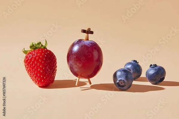 Fototapeta Fresh strawberry grape and blueberry still life for healthy eating and creative food concepts
