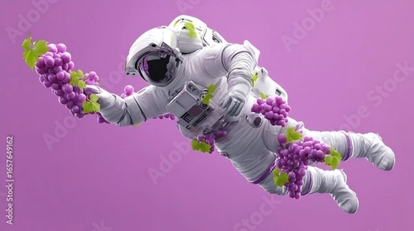 Fototapeta Stronaut in spacesuit with grapes floating in zero gravity on purple background for cosmic food concept