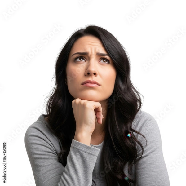 Obraz Woman with hand on chin looking up in thought isolated on transparent background