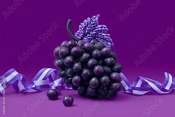 Fototapeta Fresh dark grapes with water droplets and decorative ribbon on purple background for healthy eating and fruit concepts