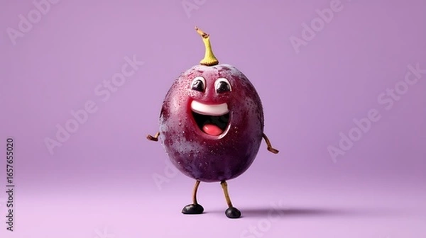 Fototapeta Happy grape character with big smile and arms and legs on purple background for healthy food concept