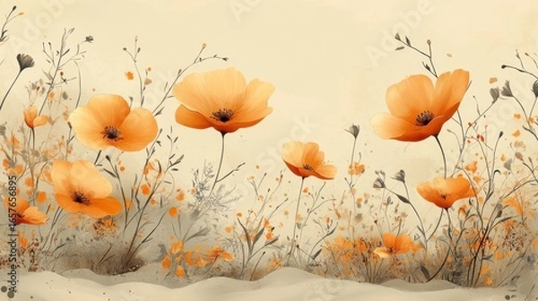 Fototapeta Beautiful Orange Poppies Blooming in a Soft Cream Background