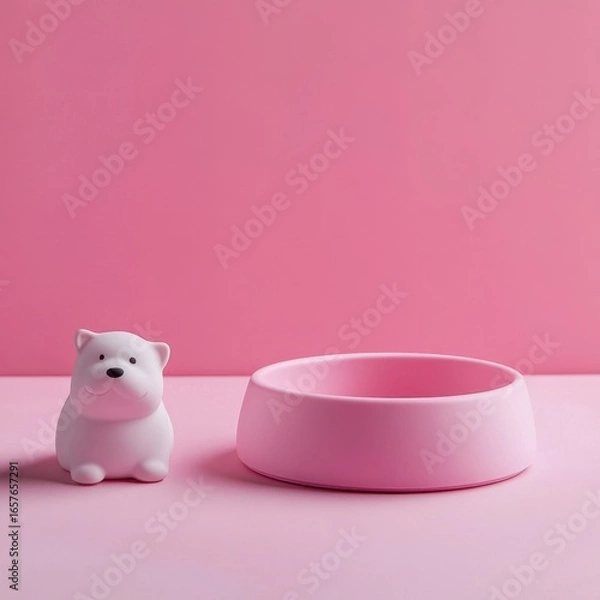 Fototapeta Pink Pet Bowl with Cute Dog Figure on Soft Pink Background