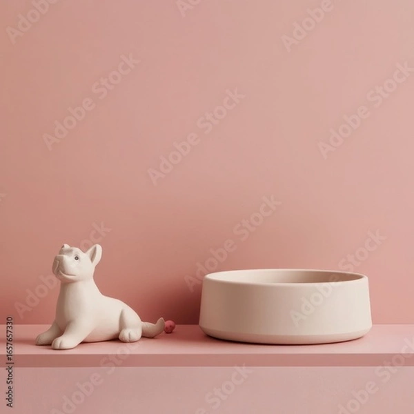 Fototapeta Minimalist Pet Decor with Cat Figurine and Bowl on Pink Background