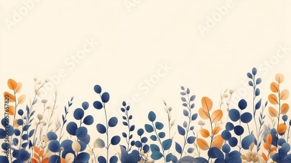 Fototapeta Elegant Botanical Background with Blue and Orange Leaves and Stems