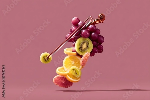Fototapeta Fruit violin concept with grapes kiwi orange and grapefruit slices on pink background for healthy eating and musical creativity