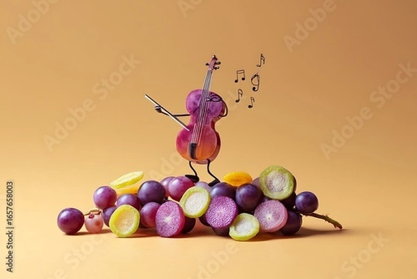 Fototapeta Whimsical grape orchestra a fruity musical performance with a violin player and musical notes in a still life composition